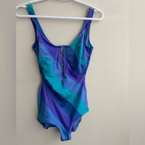 Vintage 80s Striped Blue & Teal One-Piece Swimsuit, low back